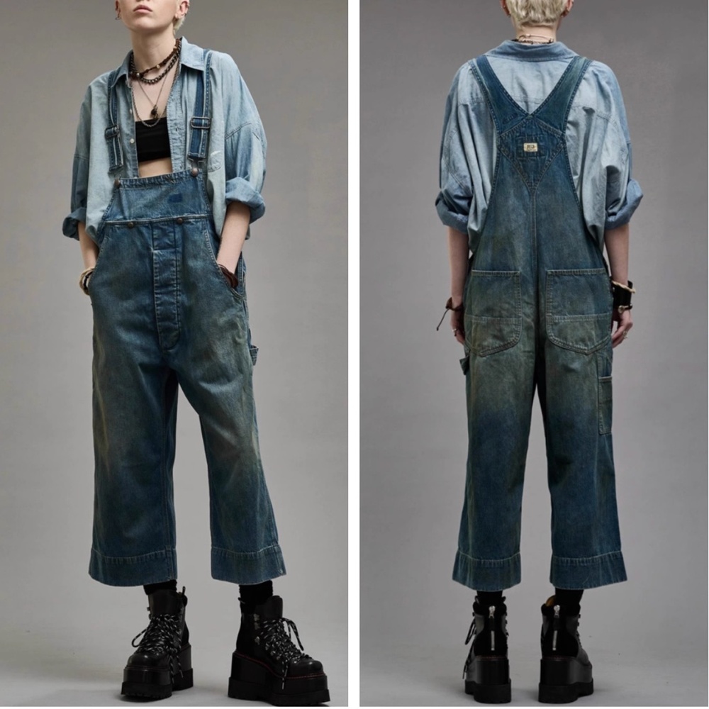R13 Distressed Blue Denim Overalls